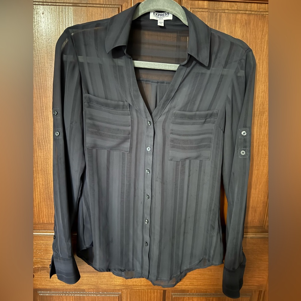 Express Black Sheer Striped Button Down Shirt